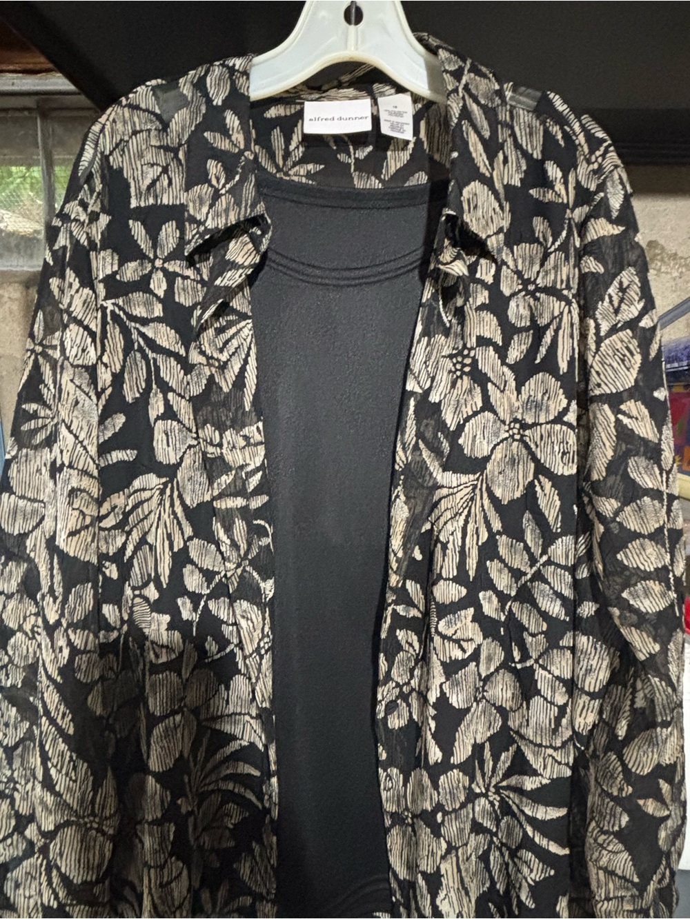 Sheer Alfred Dunner Black & Beige Floral Print Button down with black tank shell